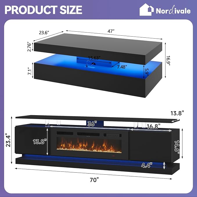 Modern Table Set Includes 70" Fireplace TV Stand & 47" Coffee Table - Image 3