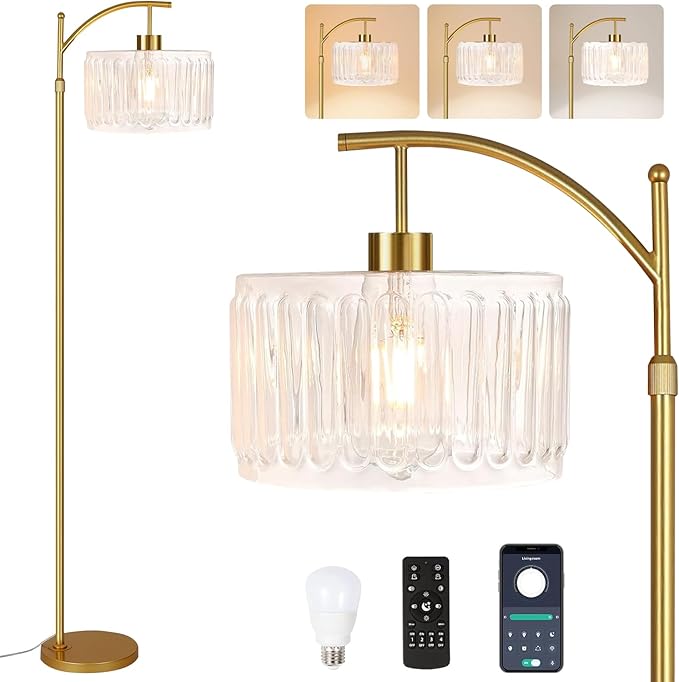 QIYIZM Glass Floor Lamp for Living Room, Brass White Tall Lamp Boho Mid Century by QIYIZM