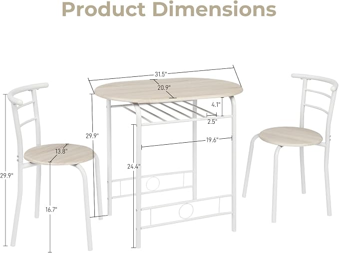 VINGLI 3 Piece Dining Set, Small Kitchen Table Set - Image 7