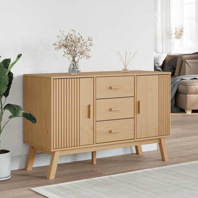 Scandinavian Style Sideboard Brown Solid Pine Wood 45 Inch Wide Sideboard - Image 3