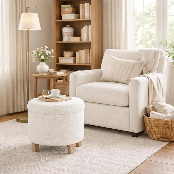 HomePop Round Transitional Faux Sheepskin Fabric Storage Ottoman|Homepop Home - Image 5