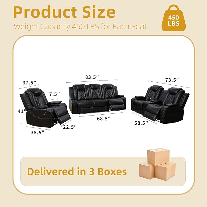 3-Piece Leather Power Recliner Sofa Set - Image 2