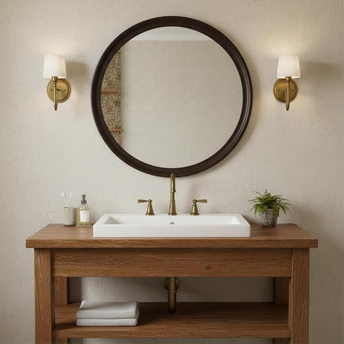 Round Mirrors 24 Inch, Rustic Decorative Transitional Dark Walnut Wall Mirror - Image 2