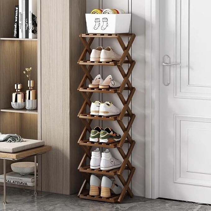 Foldable Shoe Rack, Bamboo Vertical Shoe Organizer Tall by XZXWZX