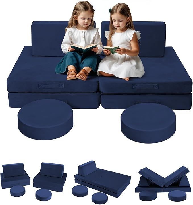 MeMoreCool Kids Couch for Playroom, 8-Piece Modular Toddler Play Couch in Navy by MeMoreCool