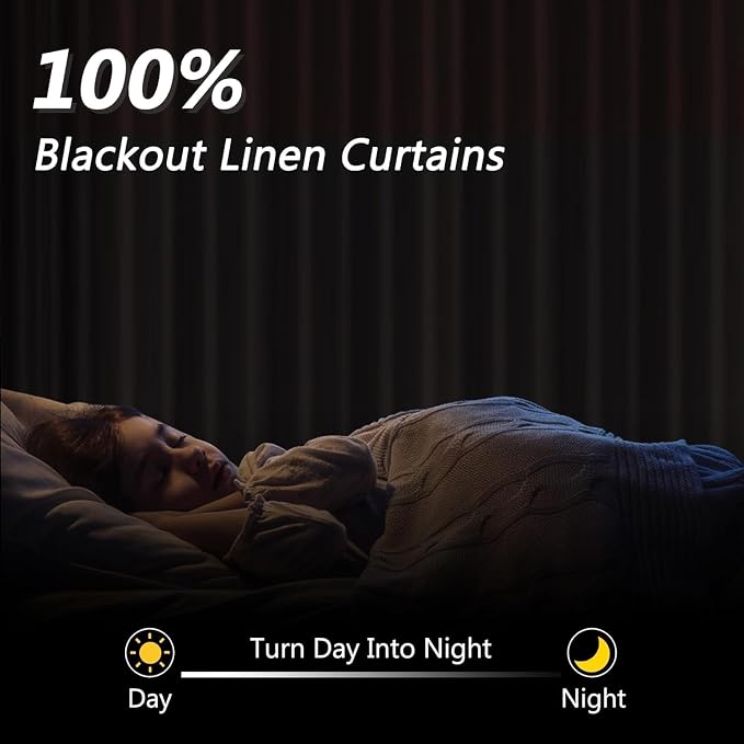 Black 100% Blackout Linen Curtains 102 Inch Length 2 Panels Set - Image 2