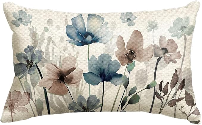 AVOIN colorlife Poppy Flowers Blue Brown Throw Pillow Cover 12x20 Inch | by AVOINcolorlife