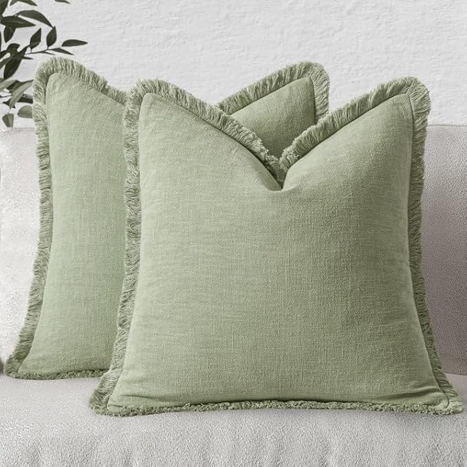 MIULEE Boho Linen Fringe Decorative Throw Pillow Covers Sage Green 20x20 | Set by MIULEE