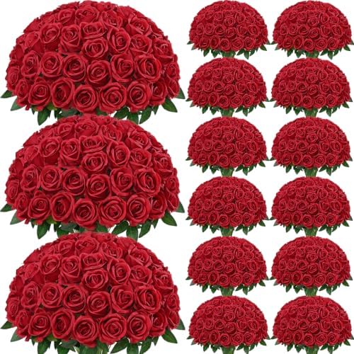 200Pcs Red Roses Artificial Flowers, Realistic Silk Fake Roses Bouquet by Yastouay