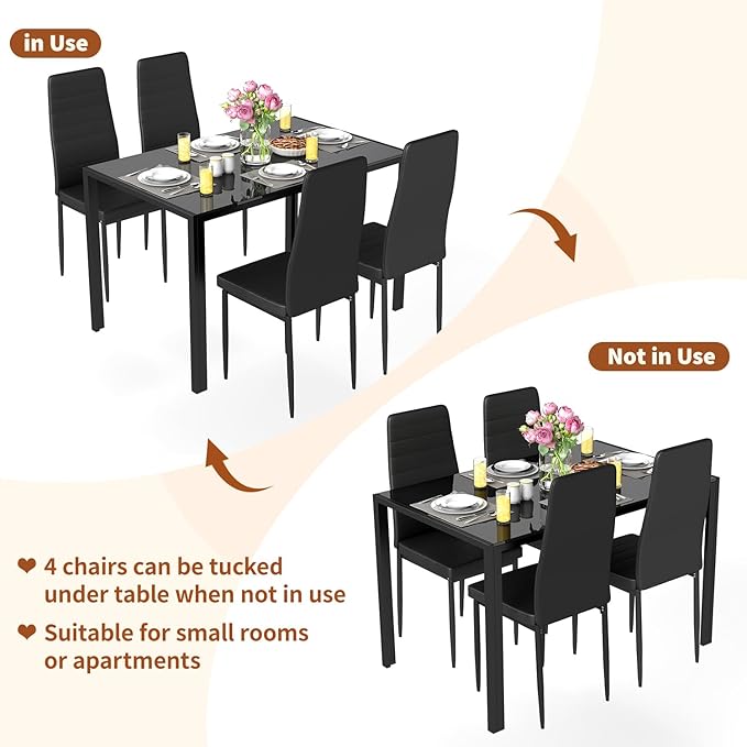 FDW | Dining Table Set for 4 | 5-Piece Glass Black Dining Table | Kitchen Table - Image 3