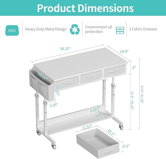White Portable Rolling Computer Desk - Image 3