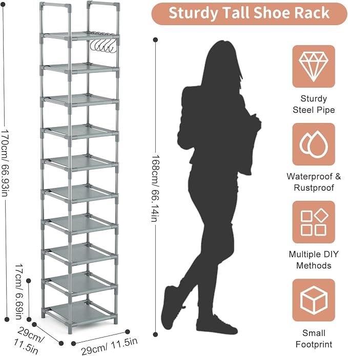 LANTEFUL Narrow Shoe Rack 10-Tier Tall Shoe Organizer Skinny Shoe Shelf Storage - Image 3