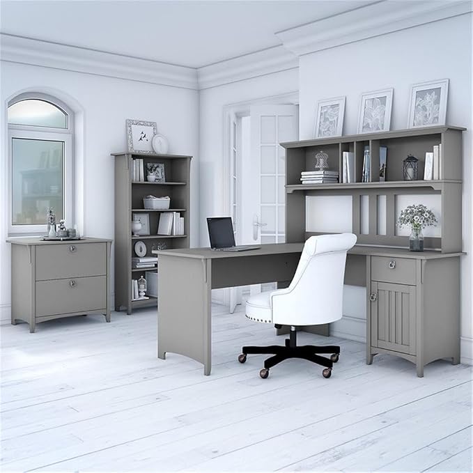 Pemberly Row 60W L Shaped Desk Office Suite, Cape Cod Gray, Includes Hutch - Image 2
