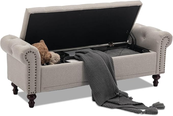 SOFTHION 58.1" Storage Bench Upholstered Linen End of Bedroom Bed Bench Ottoman by SofthionDesign