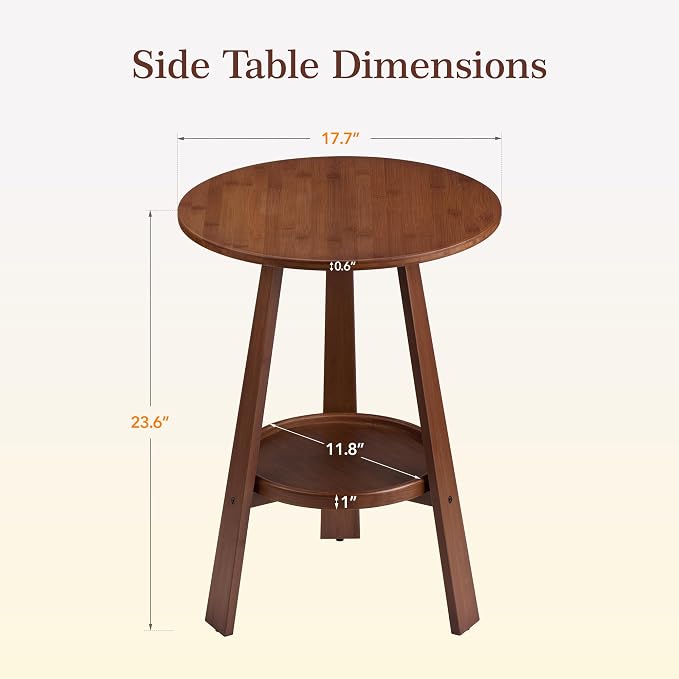 Bamboo Round End Table with Storage Shelf, 2-Tier Mid-Century Modern Accent - Image 2