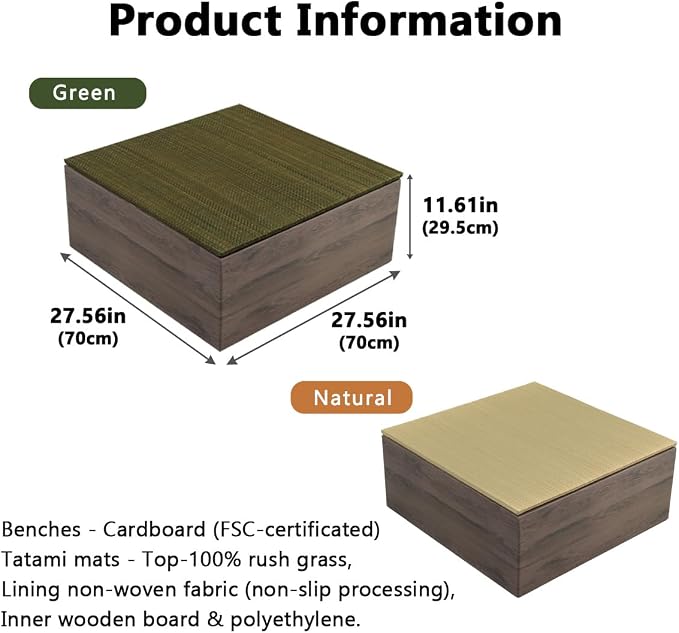 EMOOR Tatami-Top Cardboard Square Low Bench 28x28in 2-Piece Set, Koagari Easy - Image 2