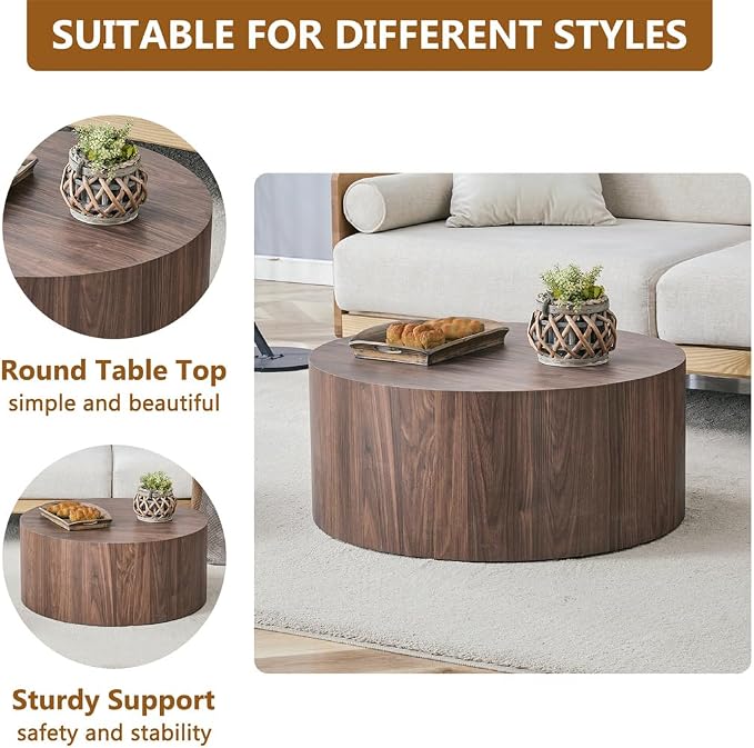 Round Coffee Table, 23.6" Modern Wood Drum Coffee Table, Round Accent Center - Image 6