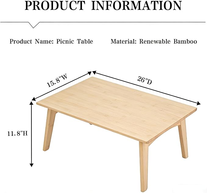 JIKUGO Bamboo Folding Coffee Table No Assembly Required Japanese Floor Table - Image 2