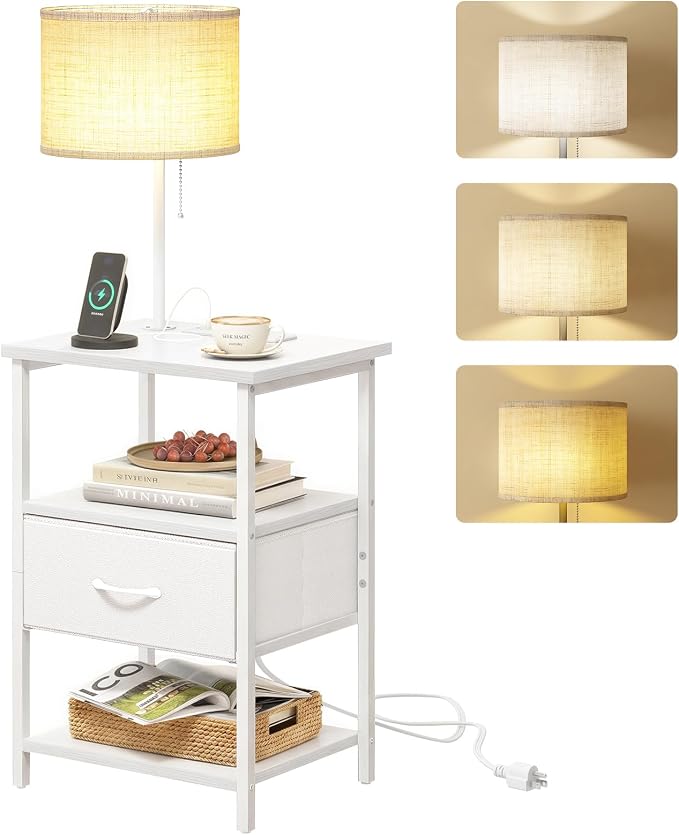 Fixwal Bedside Table with 3 Color Temperatures Bulb Attached, Nightstand with by Fixwal