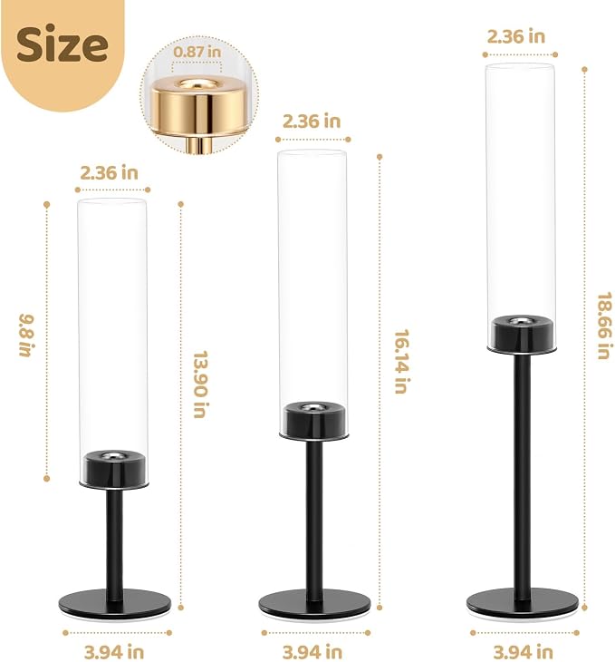 Black Hurricane Glass Candle Holders Set of 3, Tall Metal Taper Candle Stick - Image 2
