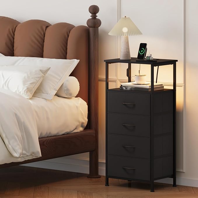 Somdot Black Nightstand with Charging Station and LED Light - Image 2