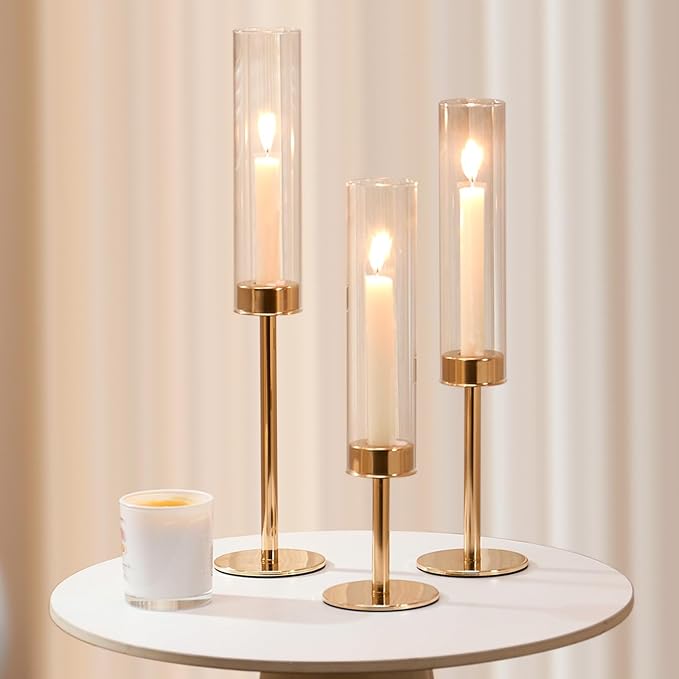 Gold Hurricane Candle Holders Set of 6, Tall Metal Windproof Glass Taper Candle - Image 7