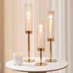 Gold Hurricane Candle Holders Set of 3, Tall Metal & Windproof Glass Taper - Image 7