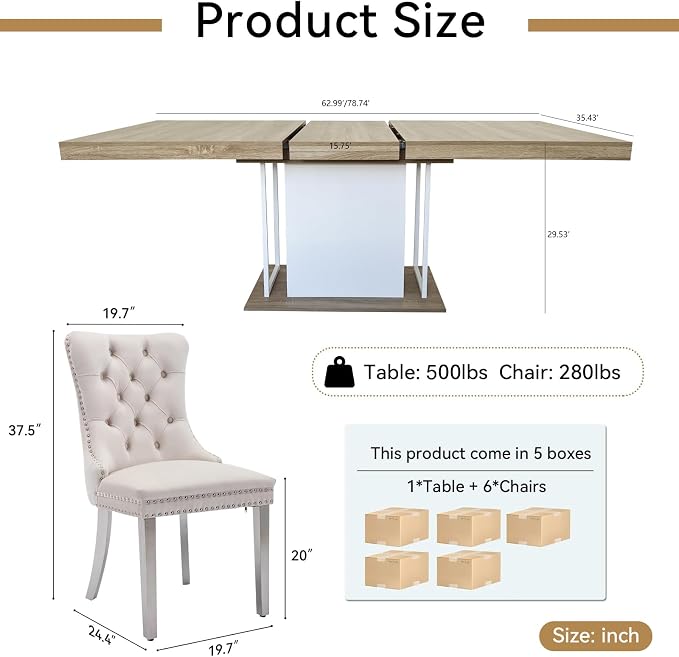 Henf 63"-79" Dining Table Set for 6, 7 Pieces Extendable Dining Table and 6 - Image 7
