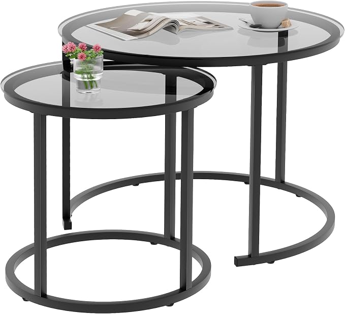 aboxoo Nesting Coffee Table Grey Glass Table Set of 2, Small Round Glass - Image 9