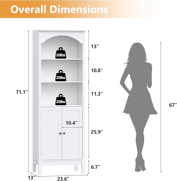 Bookshelf with Doors, Floor Standing Display Storage Cabinet - Image 2