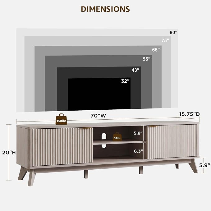 OKD 70" Mid Century Modern Fluted TV Stand, Entertainment Center, Media Console - Image 6