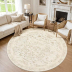 Round Area Rug Living Room: 8ft Washable Carpet Beige/Brown | Vintage Boho by Luxturiy