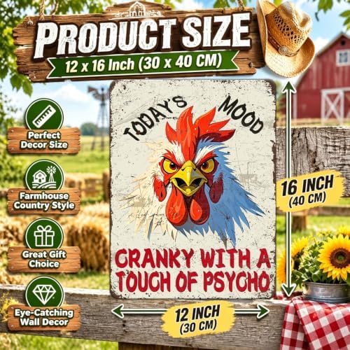 Vintage Rooster Metal Tin Sign Wall Decor Todays Mood Cranky With A Touch Of Psycho Retro Funny Chicken Wall Art Plaque Farmhouse Kitchen Farm Home Wall Decoration 12x16 Inch - Image 2