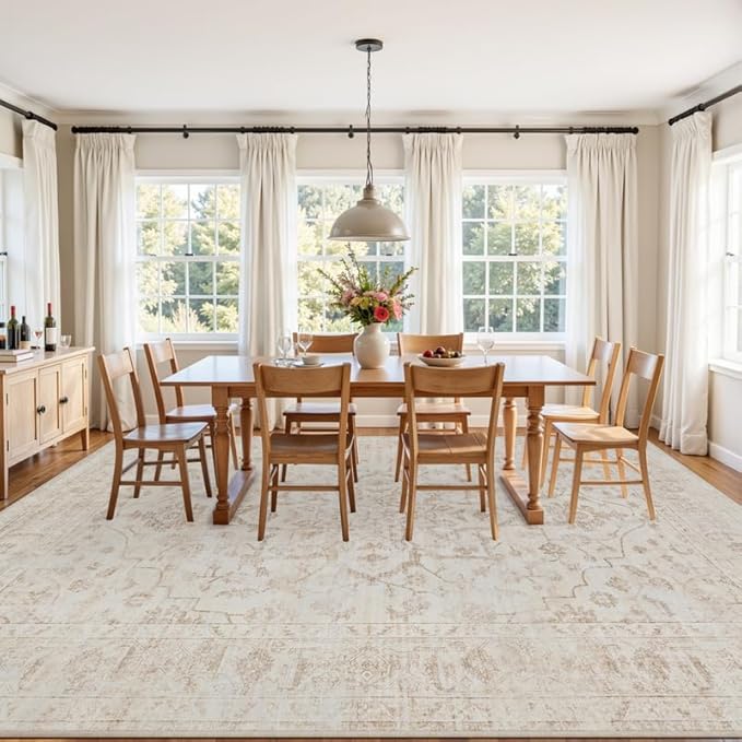 Area Rugs 9x12 Living Room: Bedroom Washable Carpet Warm Beige | Vintage Boho - Image 3