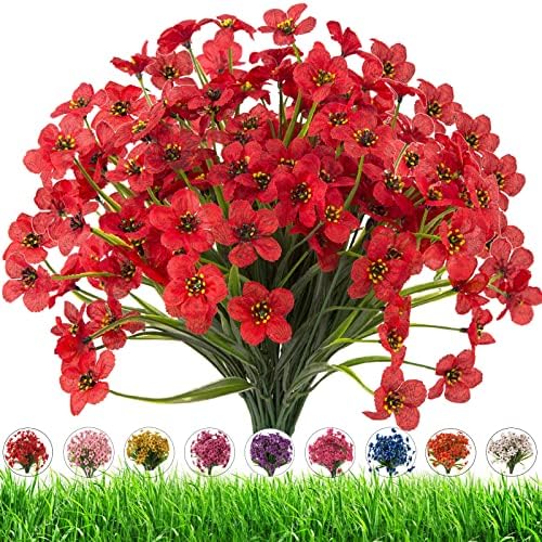 Outdoor Artificial Fake Flowers,24 Bundles UV Resistant Faux Outdoor Plastic Flower Plants for Outside Indoor Decorations(Red) by DRTDERUITAI