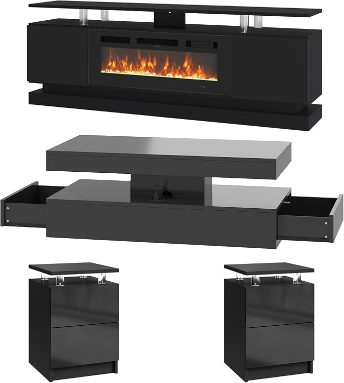 4-Piece Modern Living Room Table Set, Includes High Gloss 70" Fireplace TV Stand - Image 4