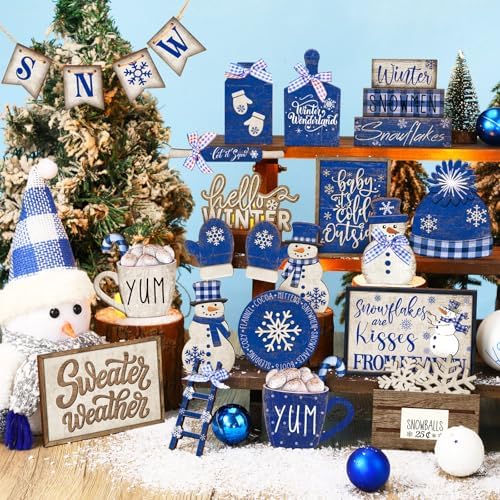 CroBlissful 23 Pcs Christmas Tiered Tray Decor Set, Blue, Snow - Image 2