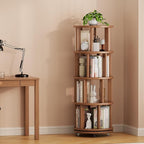 Muwuele Solid Wood Rotating Bookshelf on Wheels, 4 Tier, Round Revolving - Image 9