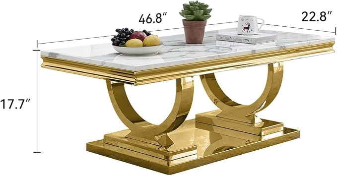 Henf 47" Marble Coffee Table Modern White Faux Marble Center Table - Image 2