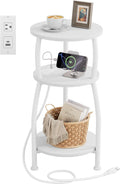 Round Side Table with Power Outlet & USB Ports, 3-Tier End Table with Storage by designyourhome