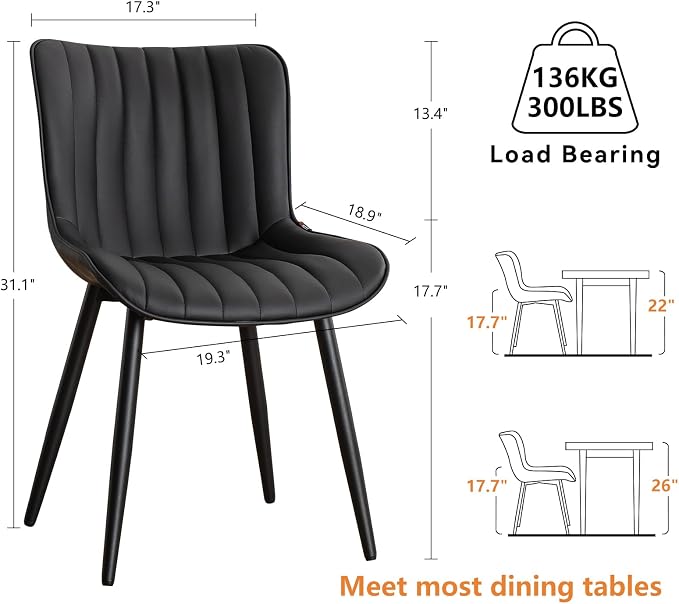 YOUNUOKE Black Dining Chairs Set of 2, Faux Leather Upholstered Kitchen & - Image 2