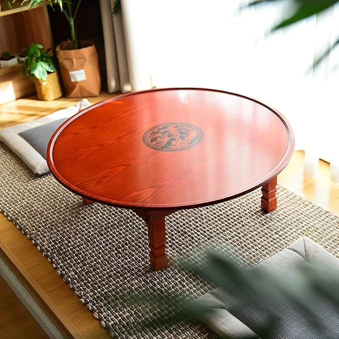 Round Korean Coffee Table Folding Leg Asia Antique Furniture Floor Table - Image 2