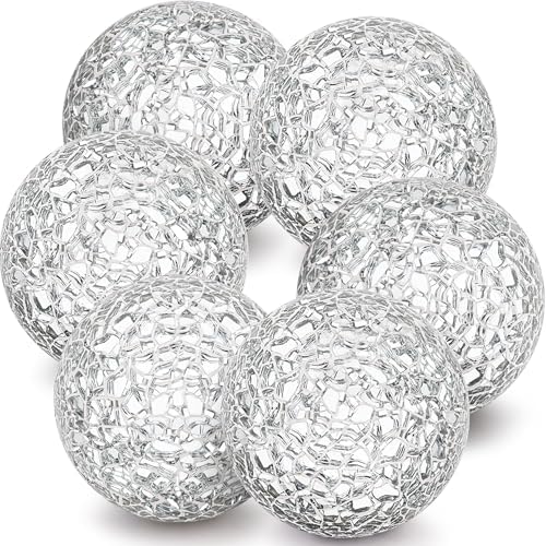 6 Pcs Decorative Balls for Bowls,2.4" Silver Mosaic Glass Balls by Kepfire