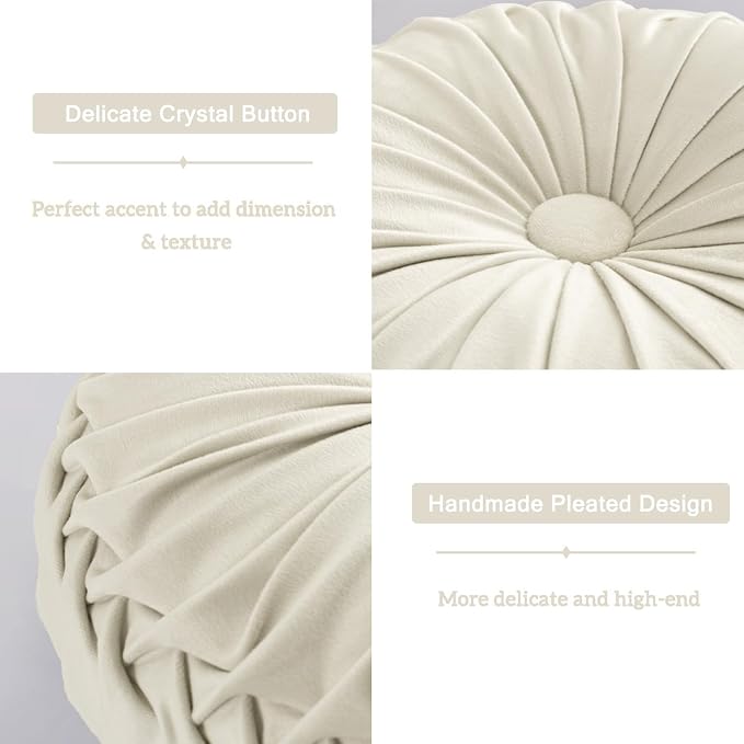 HIG Set of 2 Beige Velvet Decorative Round Pleated Throw Pillows | Vintage - Image 3