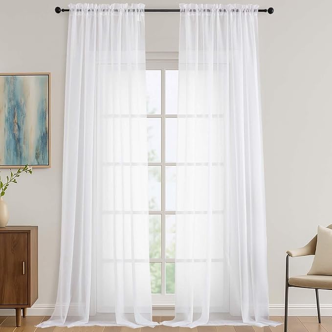 White Sheer Curtains 108 Inches Long 2 Panels Set, Extra Wide Solid Lightweight by OVZME