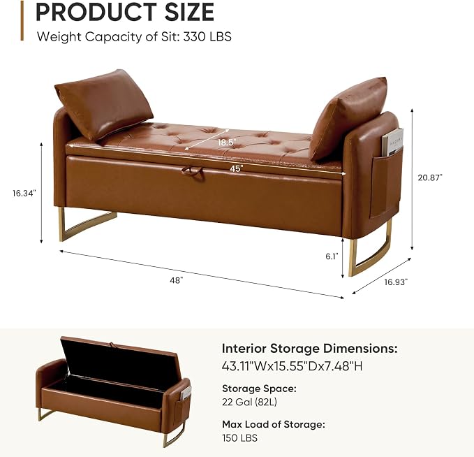 48" End of Bed Bench, Modern Storage Benches - Image 2