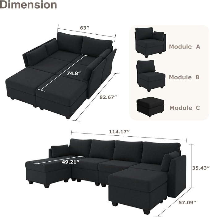 Huatean Home 114.17" Modular Sectional Sofa, 6 Seat Sectional Couches - Image 2