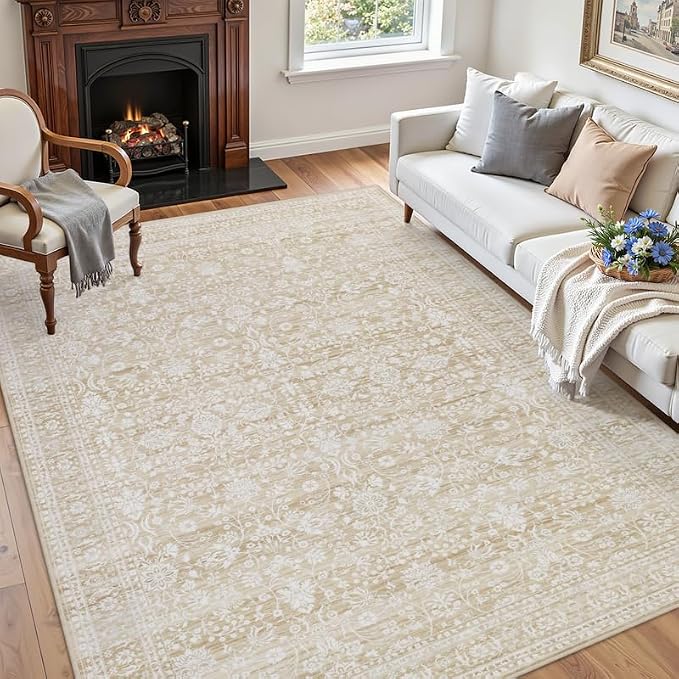 5x7 Area Rugs Living Room: Bedroom Washable Carpet Natural Beige | Large - Image 3