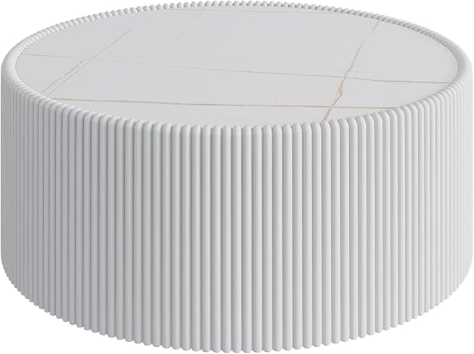 SSLine Round Drum Coffee Table Modern Sintered Stone Top Coffee Table in White - Image 6