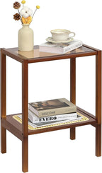 2-Tier Bamboo Side Table, Modern Glasstop Rattan Side Table, Mid Century Wood - Image 9